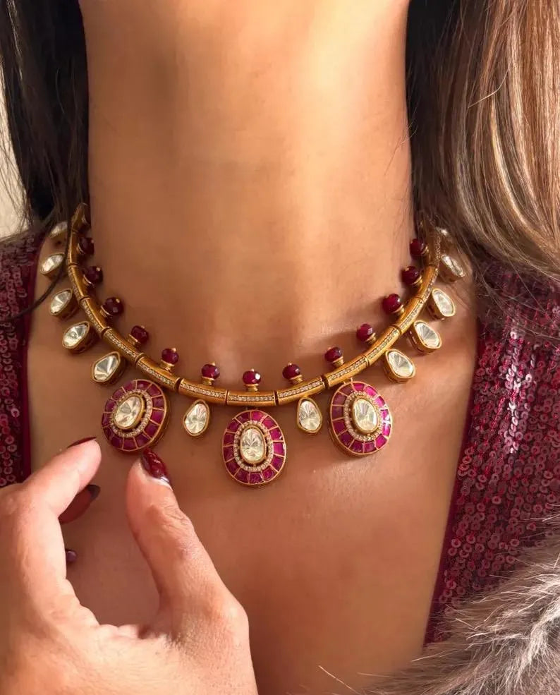 AARZU Ruby Gold Hasli Necklace Set