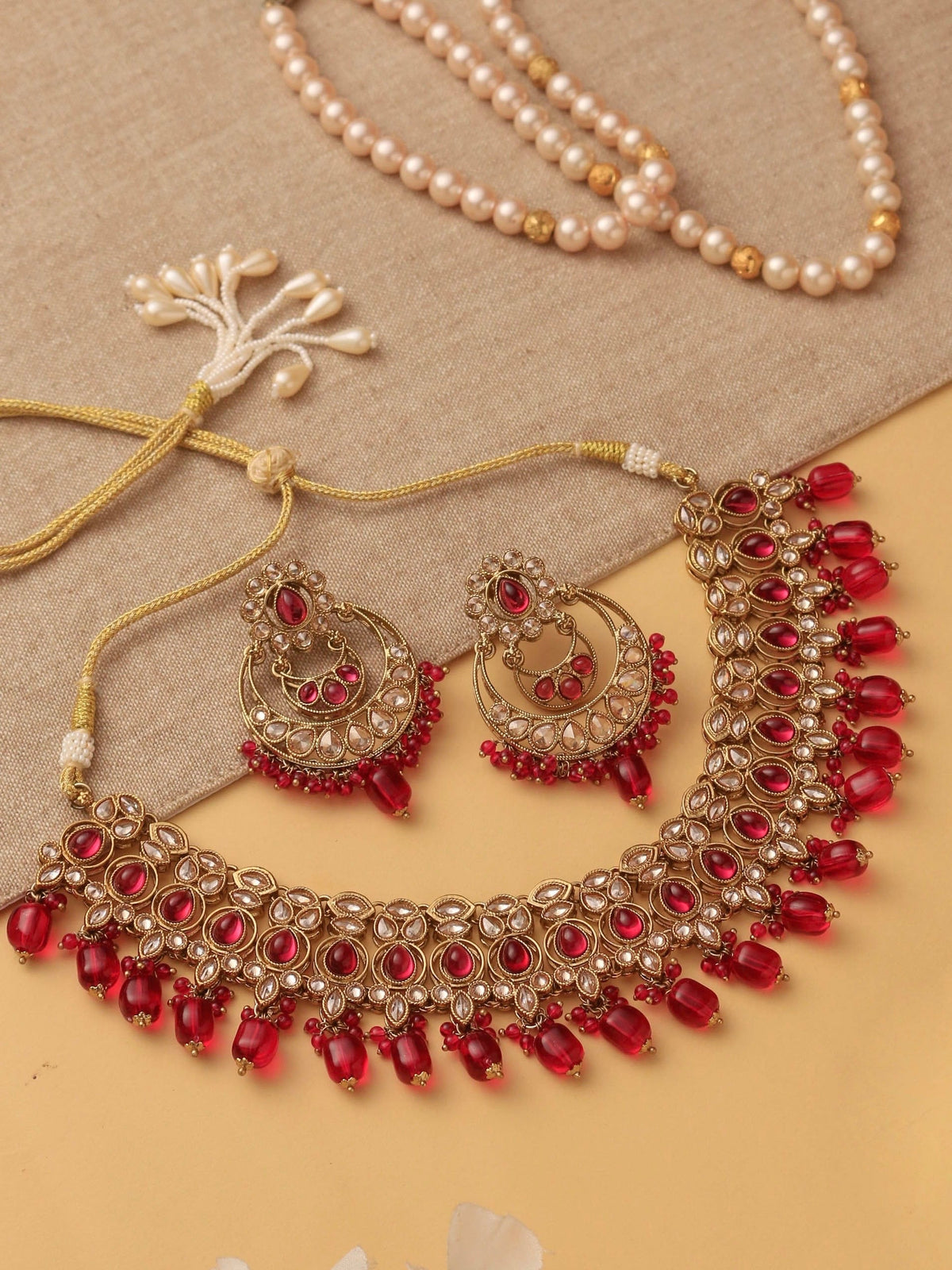 LIELA Ruby Red Polki Necklace Set