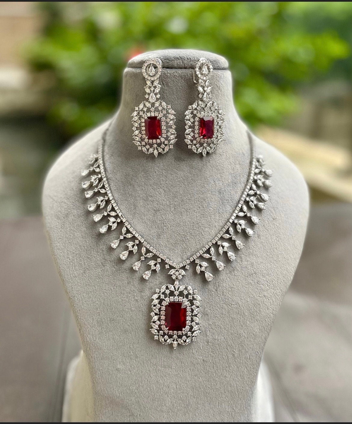 Alia bhatt inspired Ruby red cz American Diamond High Quality doublet pendant necklace set, prom jewelry,