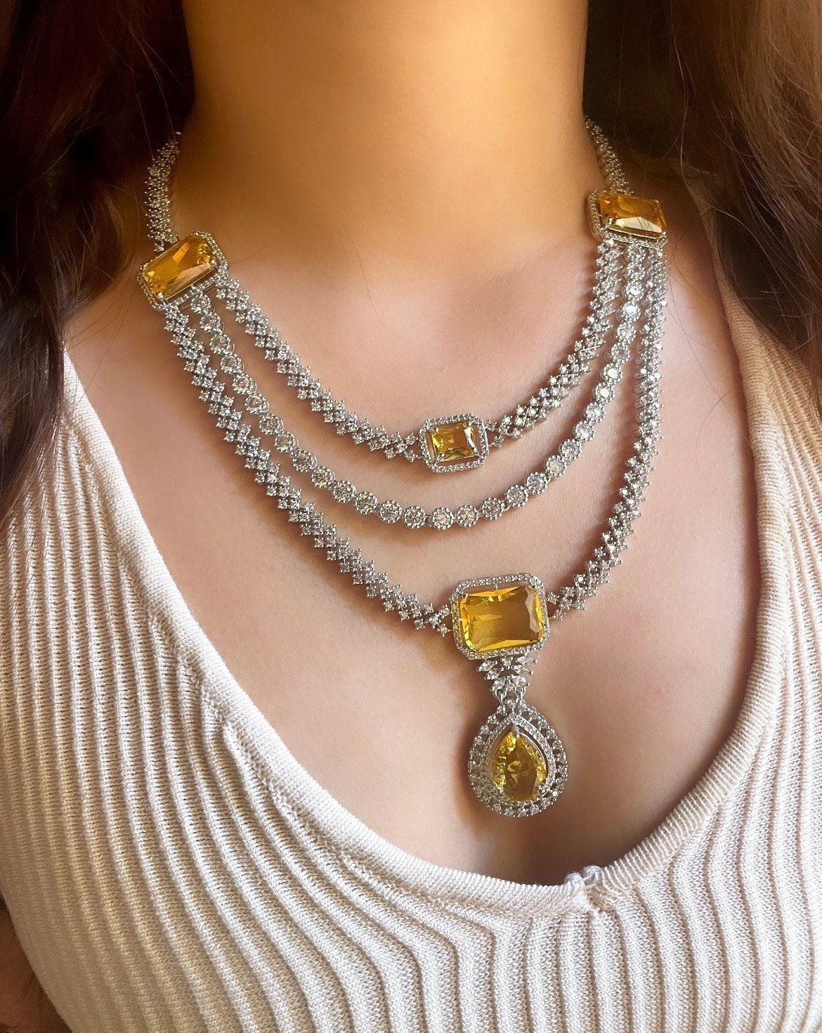 LEILA Multilayer yellow sapphire necklace earrings Statement American Diamond, Indian Pakistani Wedding jewellery Cz Zircon,prom