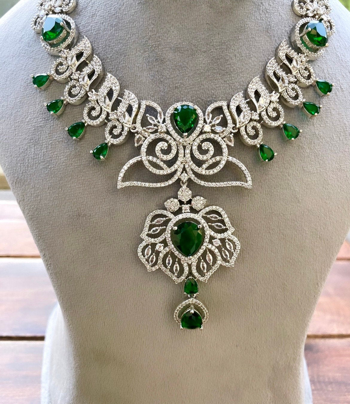 JOYCE emerald green necklace earrings Statement American Diamond Necklace, Indian Jewelry Pakistani Wedding jewellery Cz Zircon