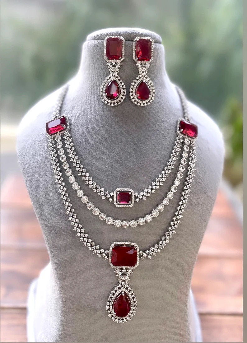 LEILA Multilayer ruby red necklace earrings Statement American Diamond Necklace, Indian Jewelry Pakistani Wedding jewellery Cz Zircon