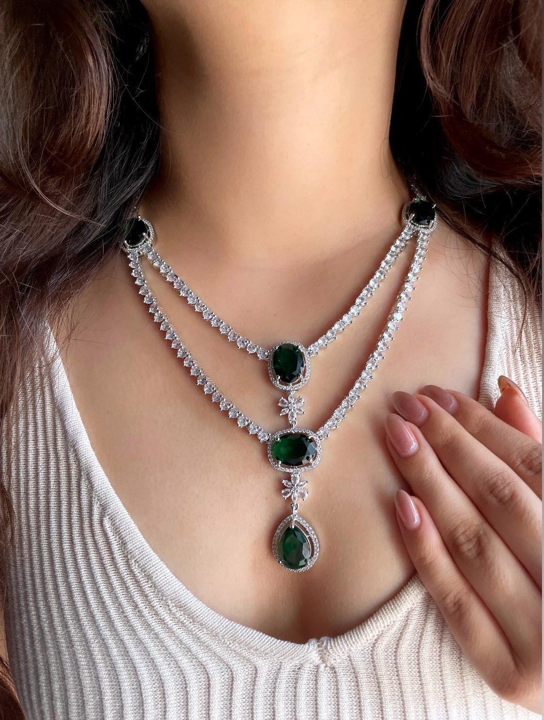 MIRA Emerald green layered necklace earrings Statement American Diamond,Indian Jewelry Pakistani Wedding jewellery Cz Zircon,prom
