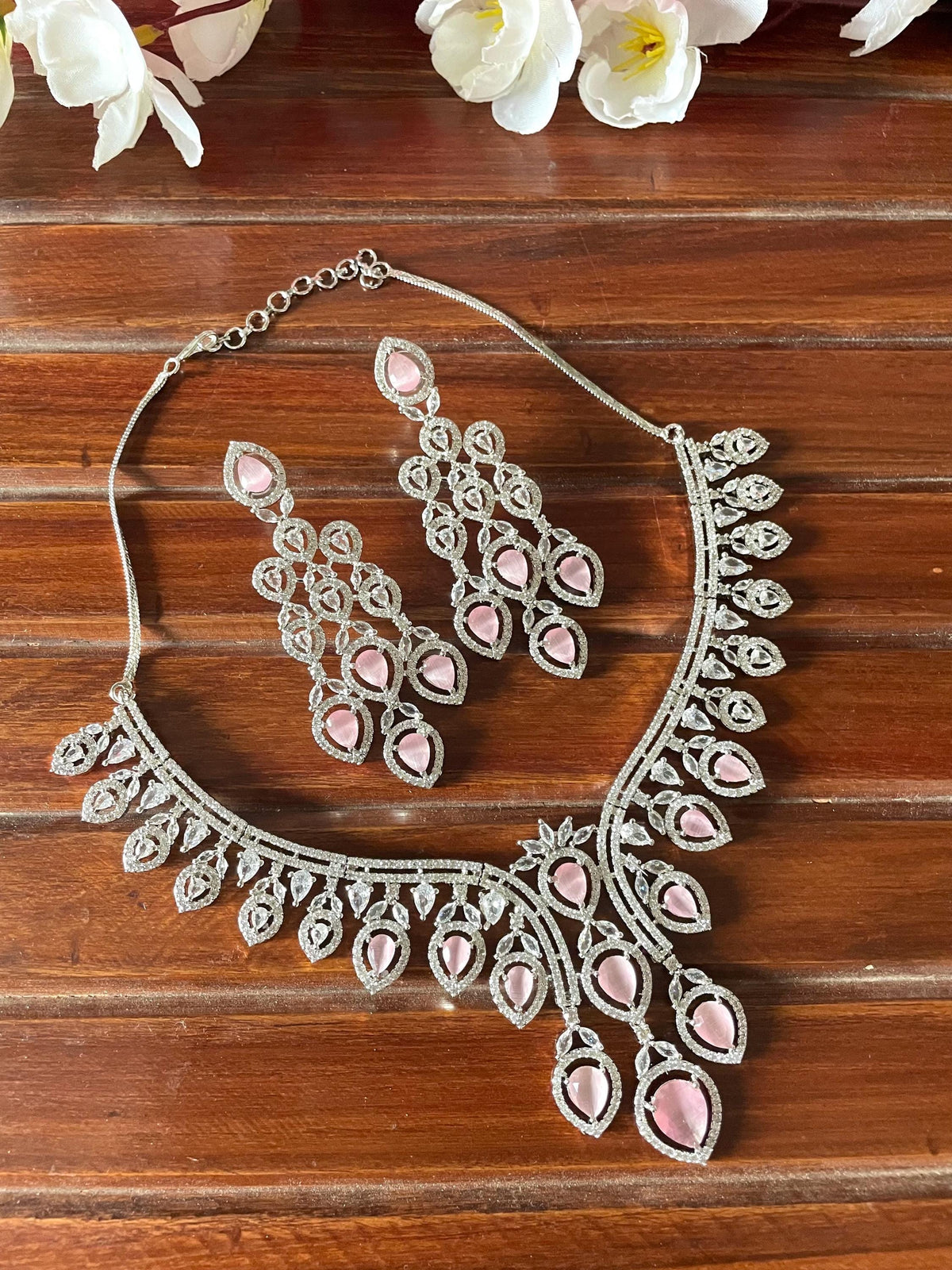 RIZA Pink Silver AD Necklace Set
