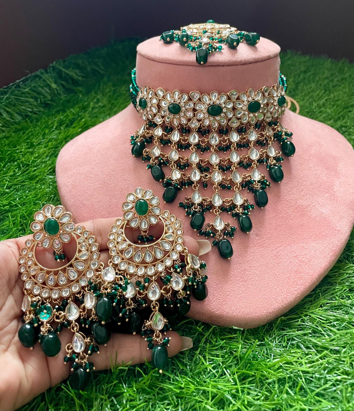 FIZA green Choker earrings maangtika,Punjabi Jewellery,Indian Kundan Necklace Set,cz zircon,Pakistani nikaah Jewelry,Bridal set