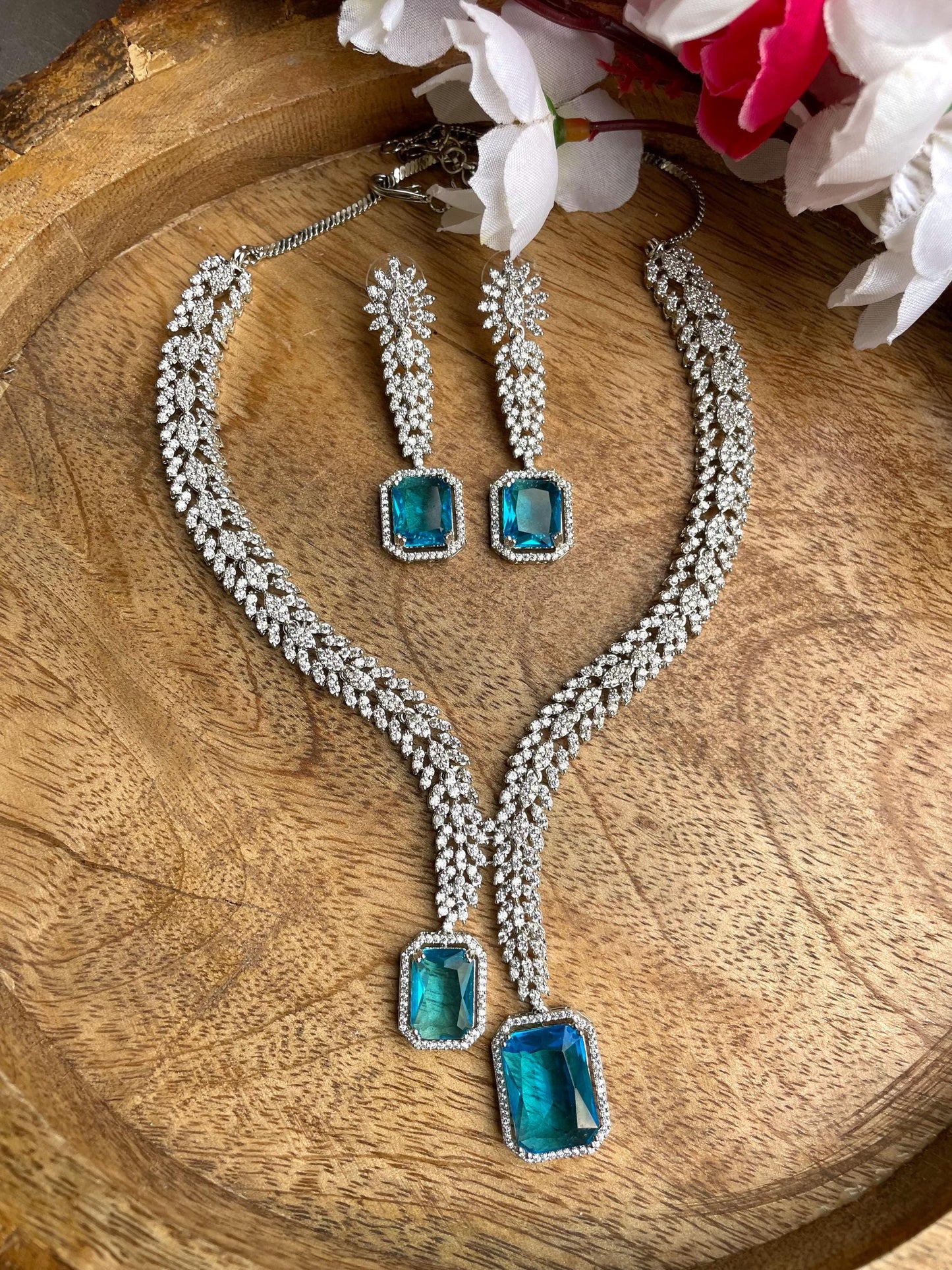 HANNAH Stylish Aqua blue necklace Set in American Diamond Classy high quality cz zircon jewelry, prom,gala dinner bridal jewellery