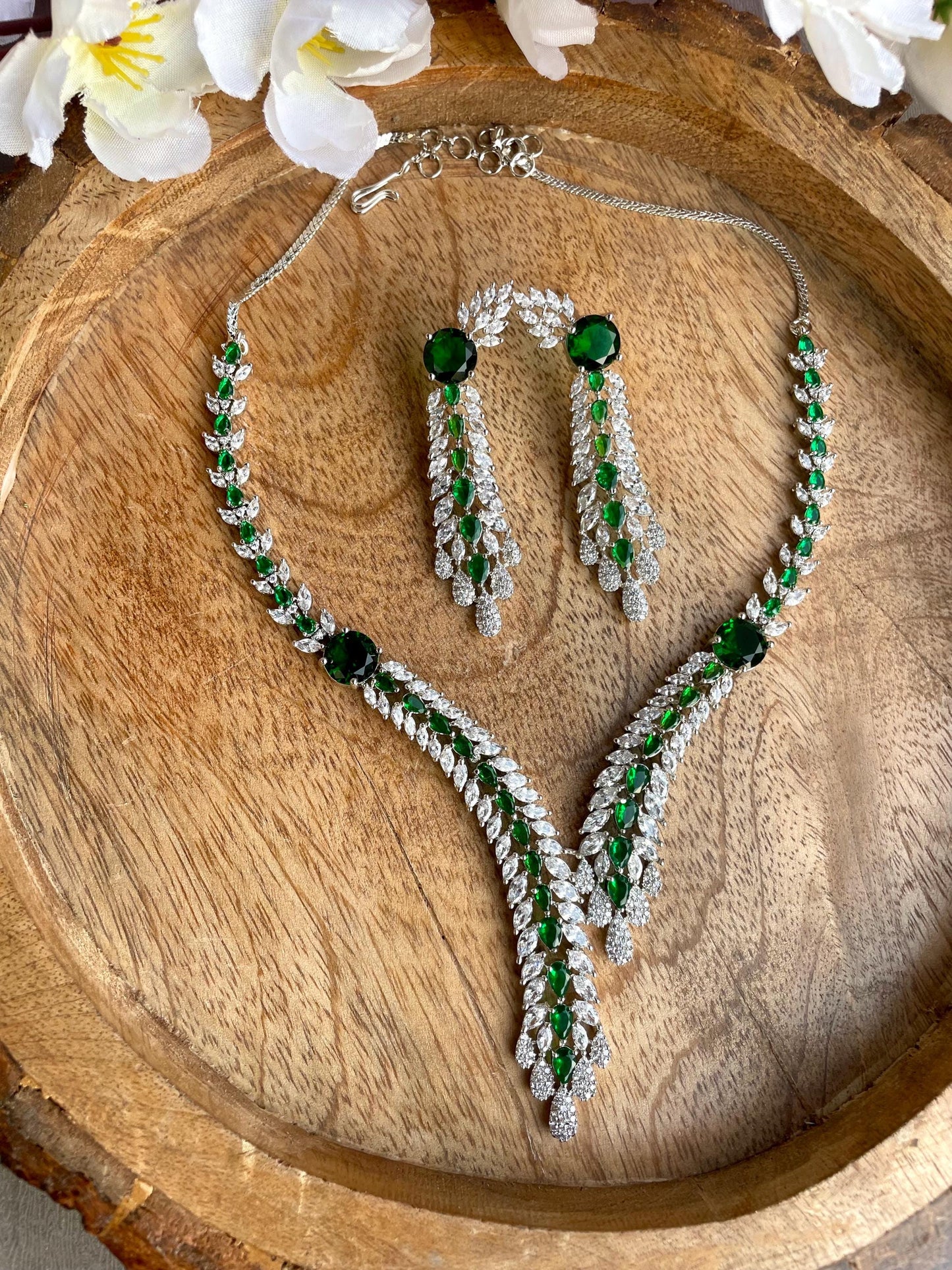 ELLA Emerald green stylish necklace Set in American Diamond Classy high quality cz zircon jewelry, prom,gala dinner bridal jewellery