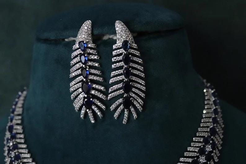REBECCA Blue Sapphire feather style necklace Set in American Diamond Classy high quality cz zircon jewelry, prom,gala dinner bridal jeweller