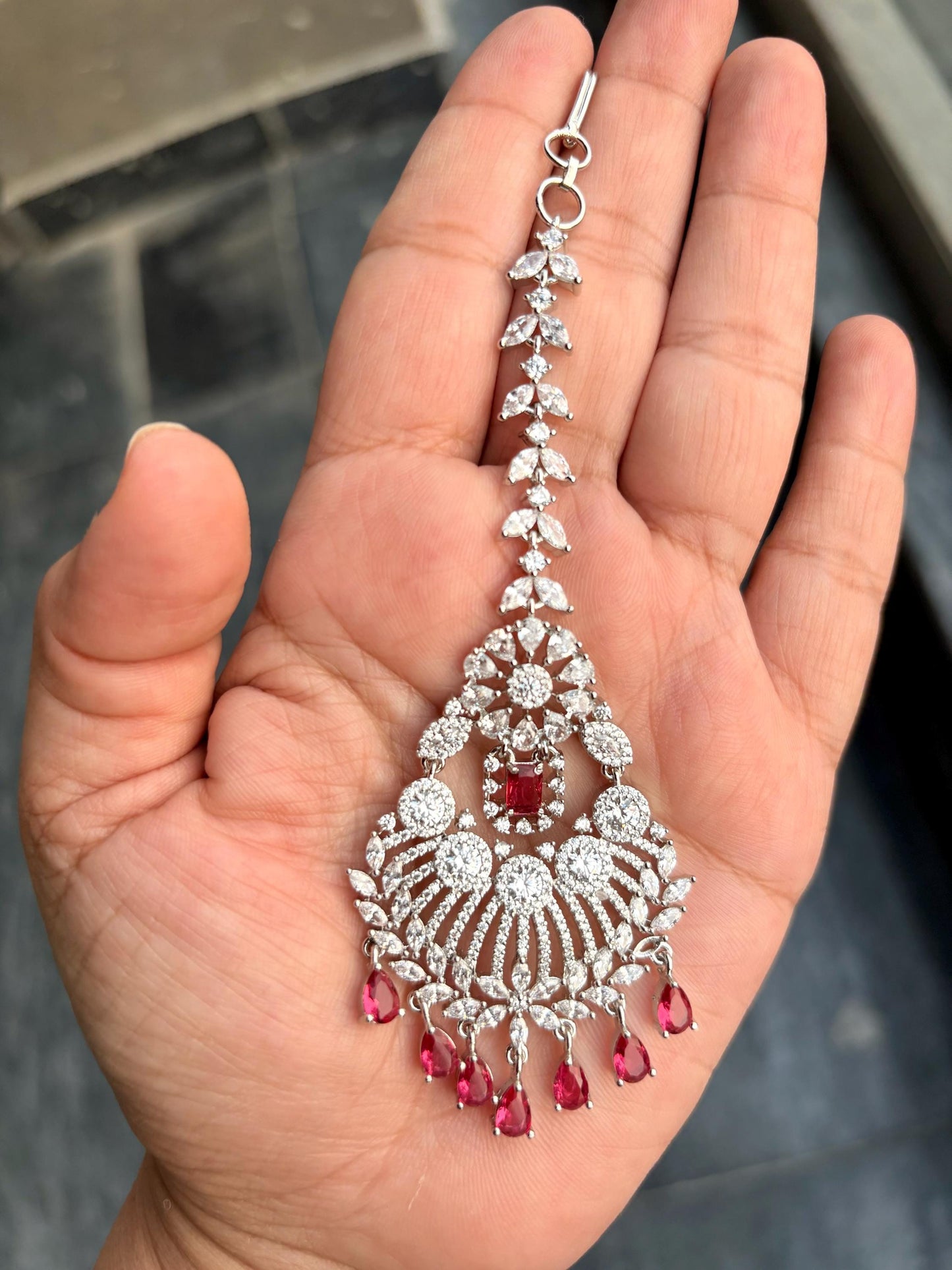 AMELIA Diamond look Maang tikka in red colour/Indian Jewellery/Pakistani Bridal maangtika/ hair accessories/cz maangtika