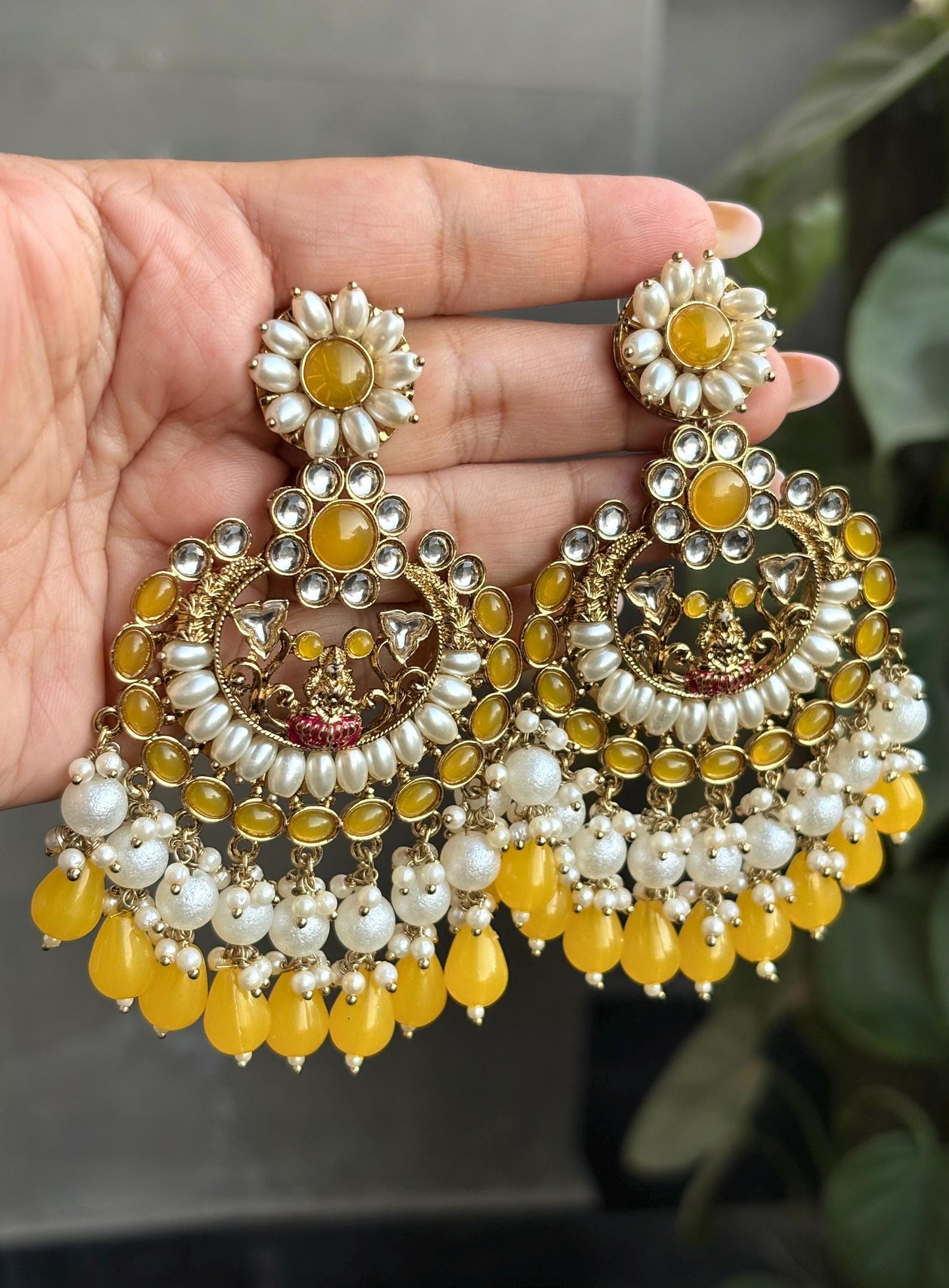 DEVI Yellow earrings/ Wedding bridal kundan earrings /Navratri function Indian Diwali jewelry/yellow colour chandbali/haldi ceremony