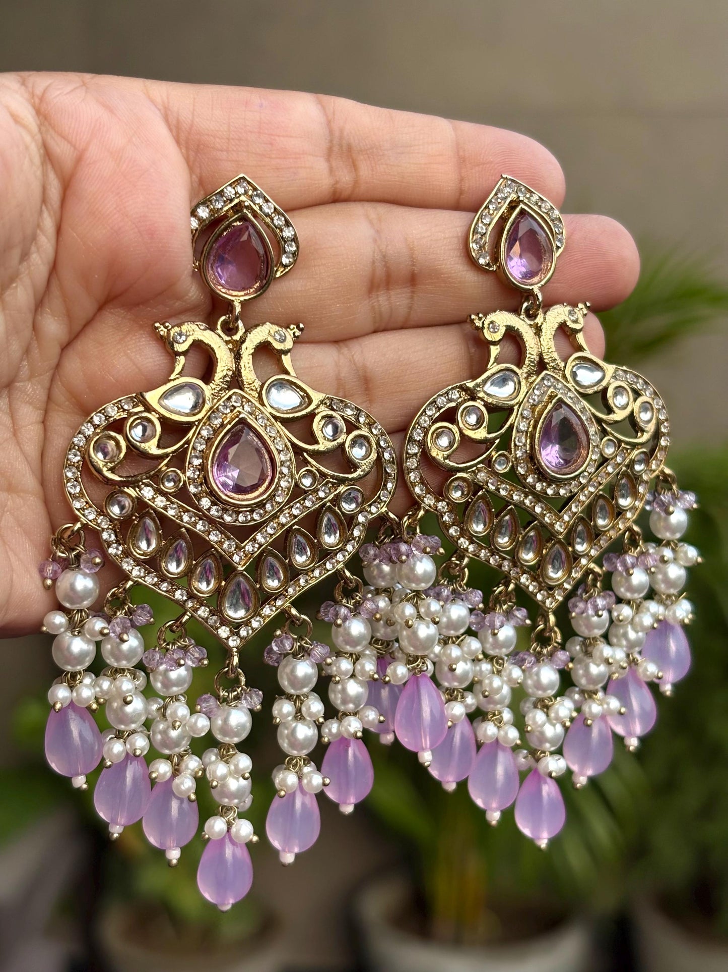RIYA Lilac purple Gold Tone Royal Kundan Chandbali / Indian Earrings, Wedding Jewelry Pakistani event accessory golden bollywood chandbalis