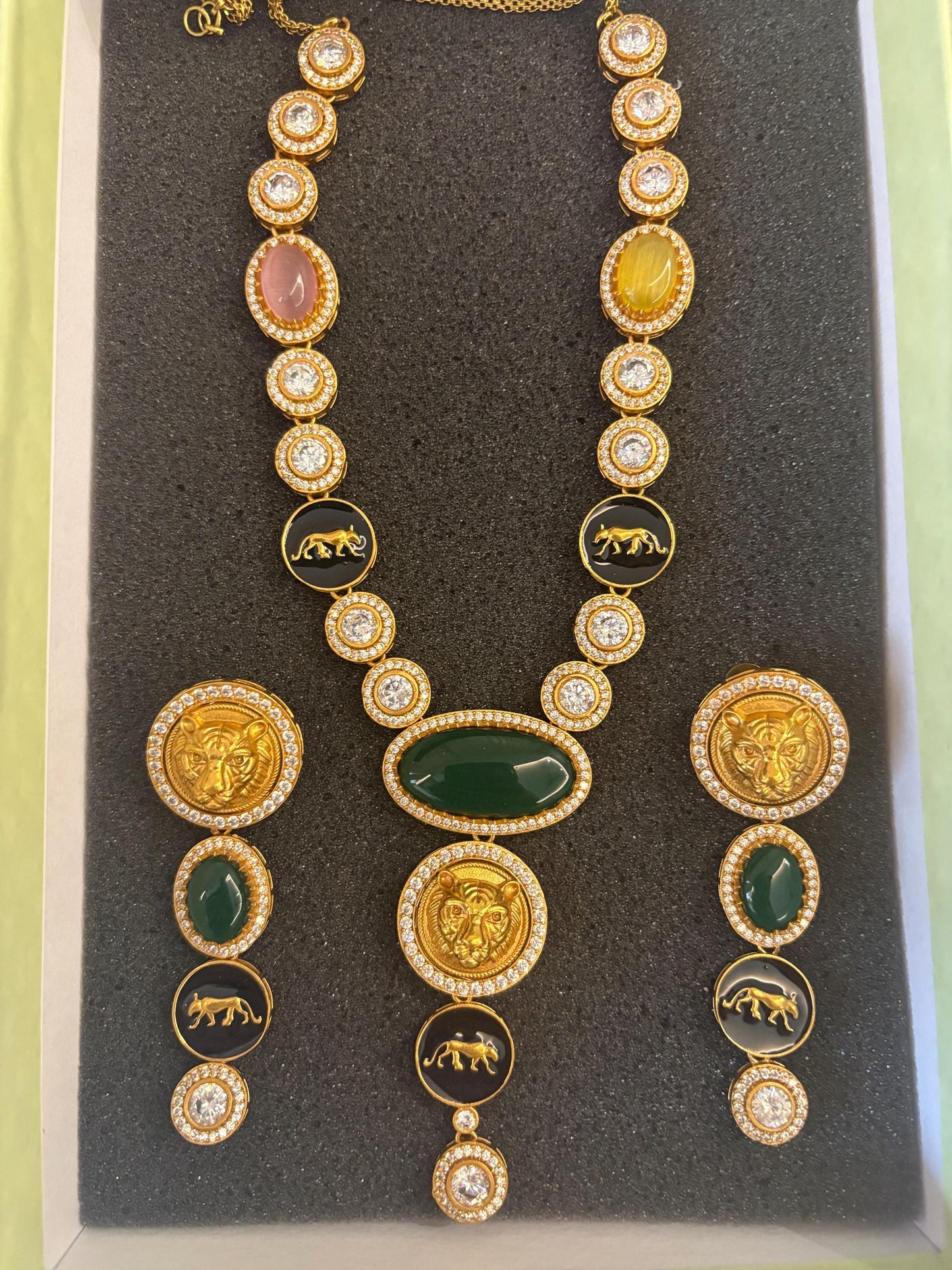 URVI Sabyasachi inspired multicoloured Victorian style kundan necklace set,Indian Bridal jewelry, cz kundan Victorian golden polish
