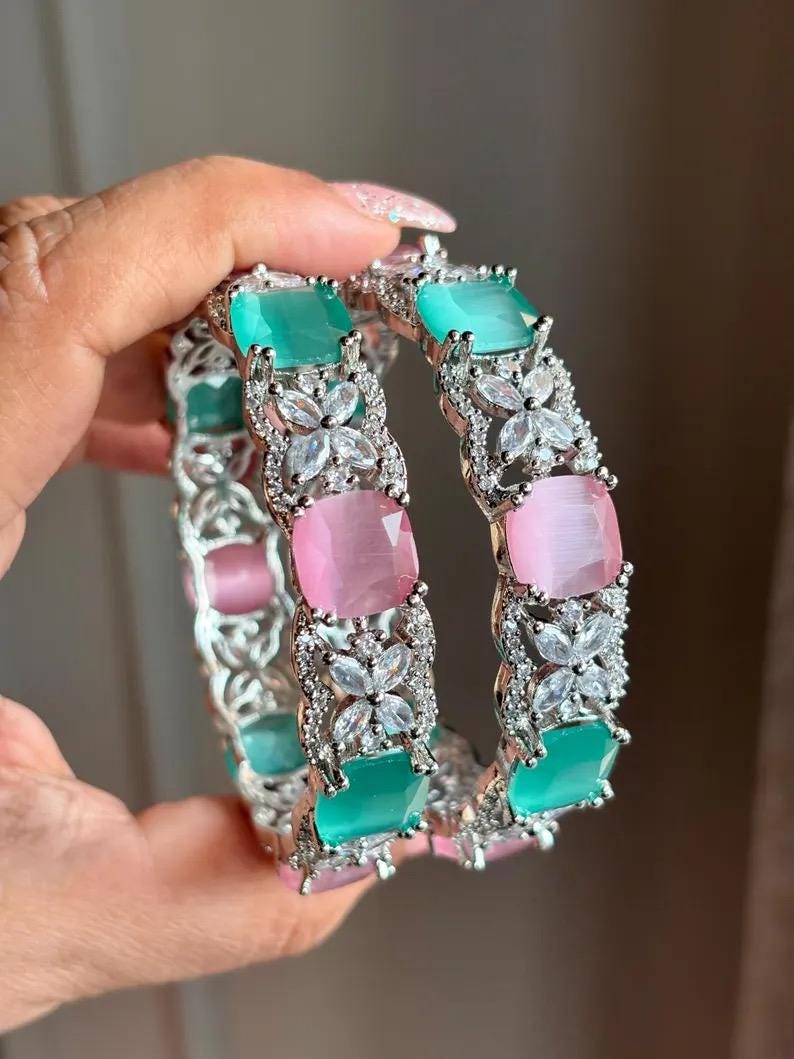 KRITI American diamond bangle set in mint pink stones, AD bangle set,cz zircon ,bridal,indian bangles,pakistani bangles, mint green pink