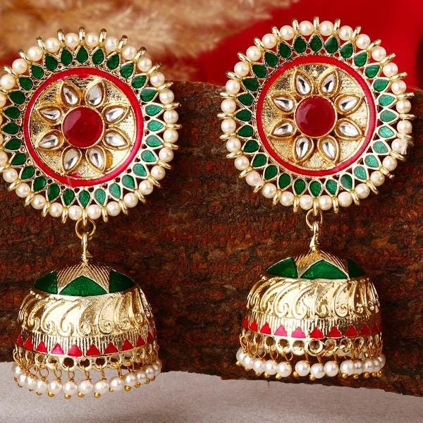 SURYA Green Ruby colour jhumka / Bollywood kundan earrings /Pakistani Wedding bridal /Navratri Indian Diwali jewelry/ green and pink