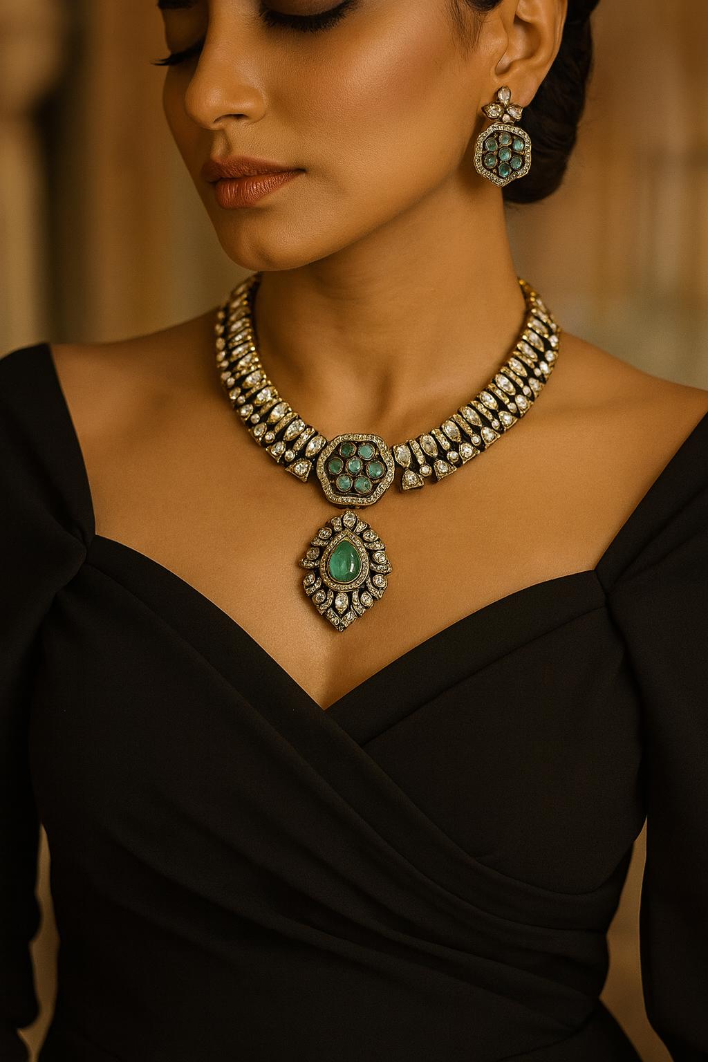 RASHI Sabyasachi inspired mint cz kundan and zircon necklace set in victorian polish, Indian bridal victorian style mint green jewelry