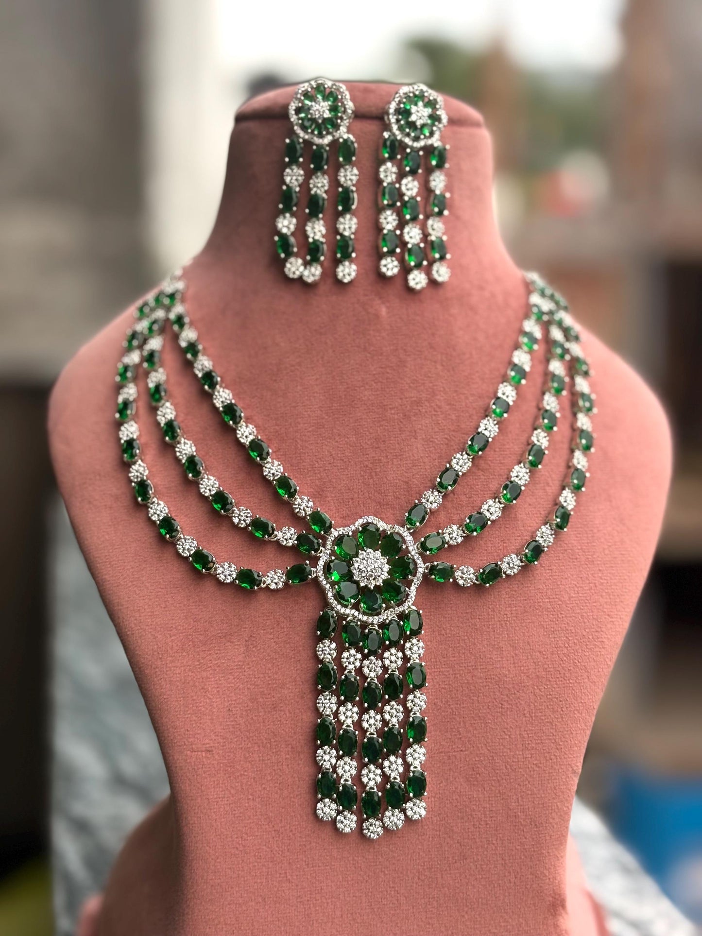 SKYE Emerald green American Diamond High Quality Necklace Set Indian Pakistani bridal wedding jewelry cz zircon green colour jewelry