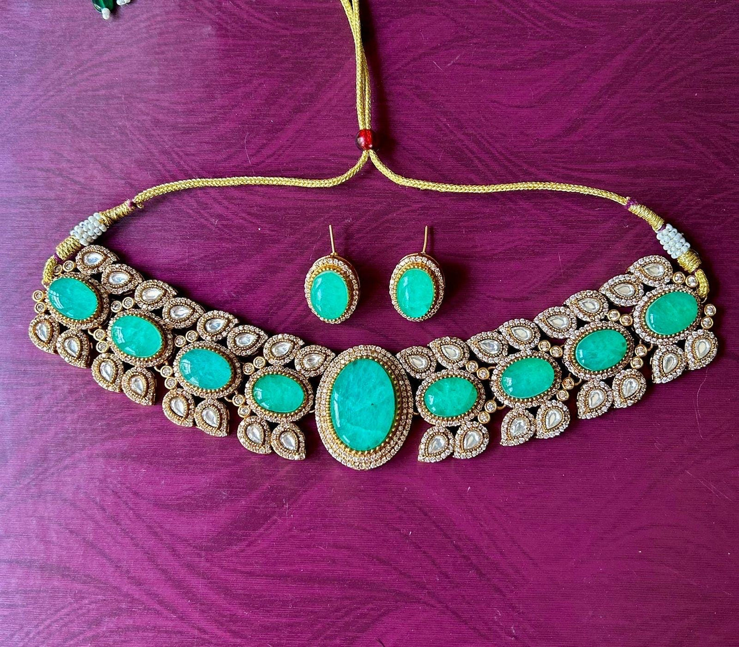 KUSHA Mint green Doublet Stone kundan Necklace choker Set with studs Earrings,moissanite kundan Indian Pakistani wedding jewelry