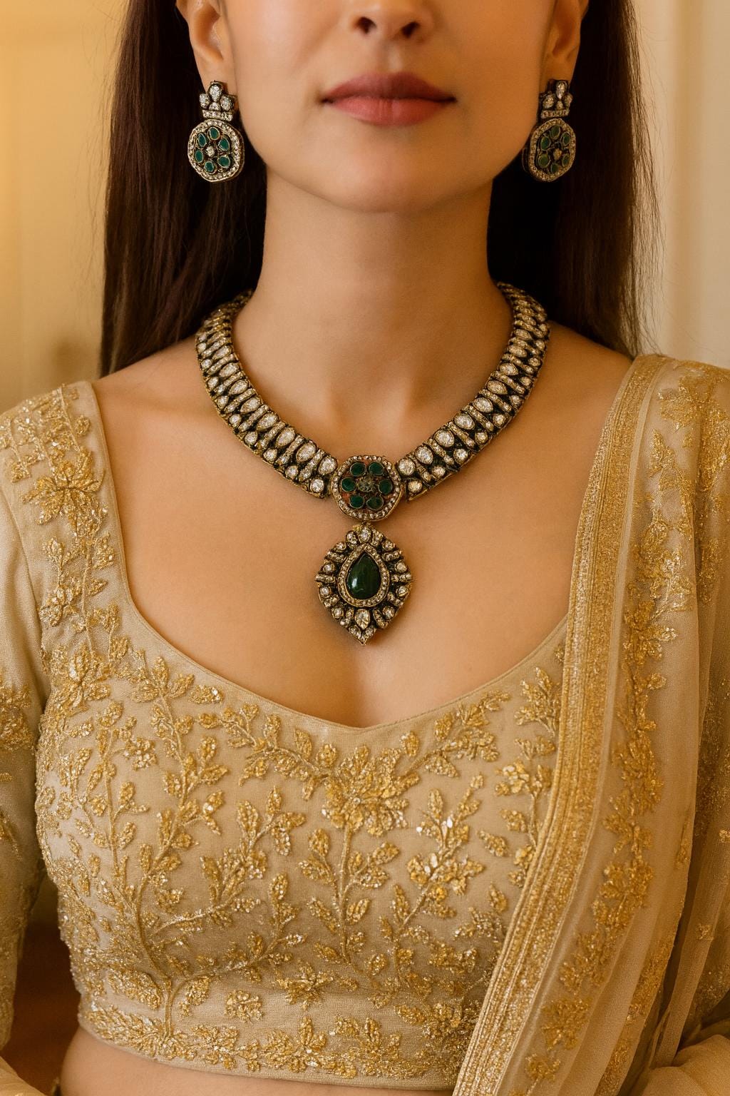 RASHI Sabyasachi inspired green cz kundan and zircon necklace set in victorian polish, Indian bridal victorian style green colour jewelry