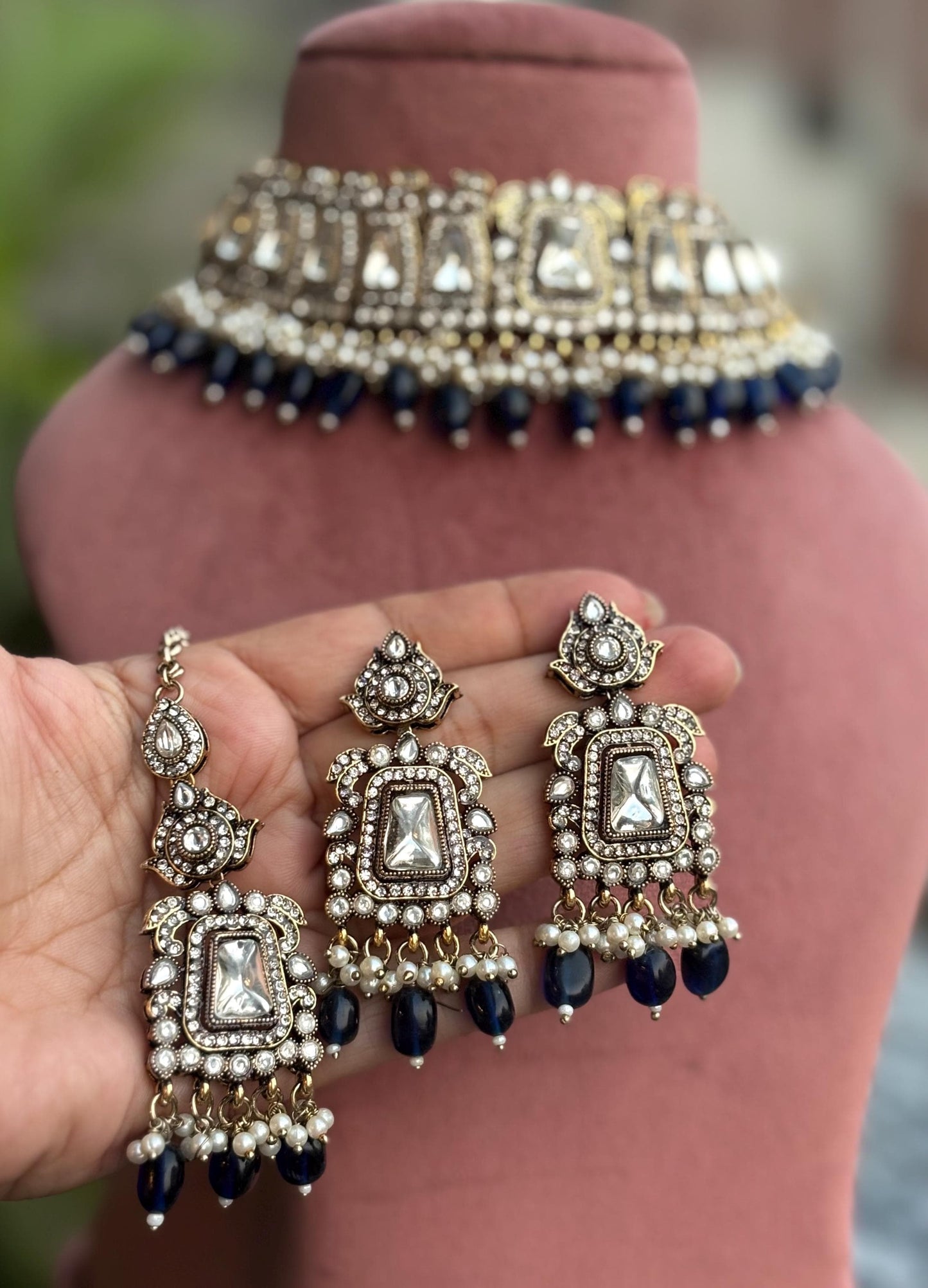 MASHA dark blue kundan choker necklace earrings and maangtika,indian wedding jewelry pakistani nikaah jewelry,blue colour bridal jewelry