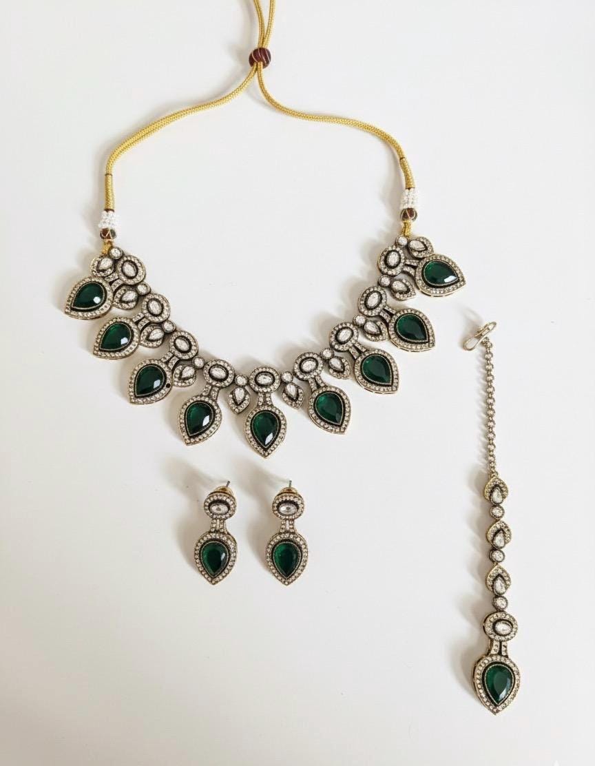 TANYA dark green cz kundan and zircon necklace set in victorian and golden polish, Indian bridal victorian style green colour jewelry