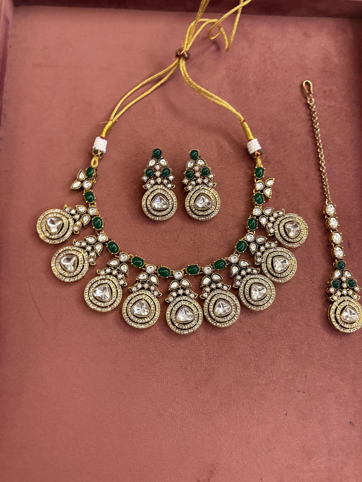SABIA Green kundan choker necklace earrings and maangtika,indian wedding jewelry pakistani nikaah jewelry, green colour bridal jewelry