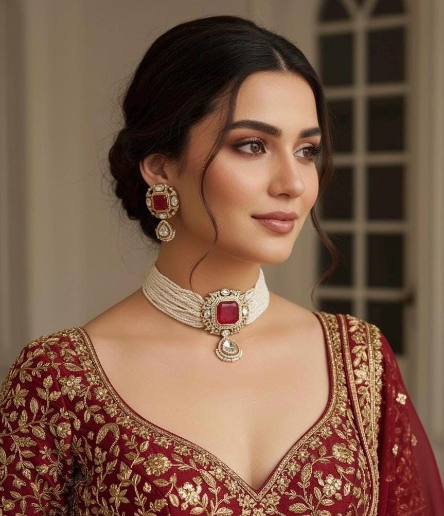 DISHA Ruby red pearl choker set, kundan polki necklace and earrings ,Indian Pakistani bridal jewelry, red ethnic traditional jewelry