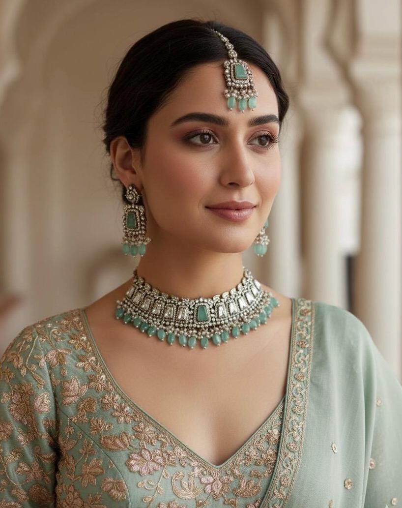 MASHA Mint kundan choker necklace earrings and maangtika,indian wedding jewelry pakistani nikaah jewelry, mint colour bridal jewelry