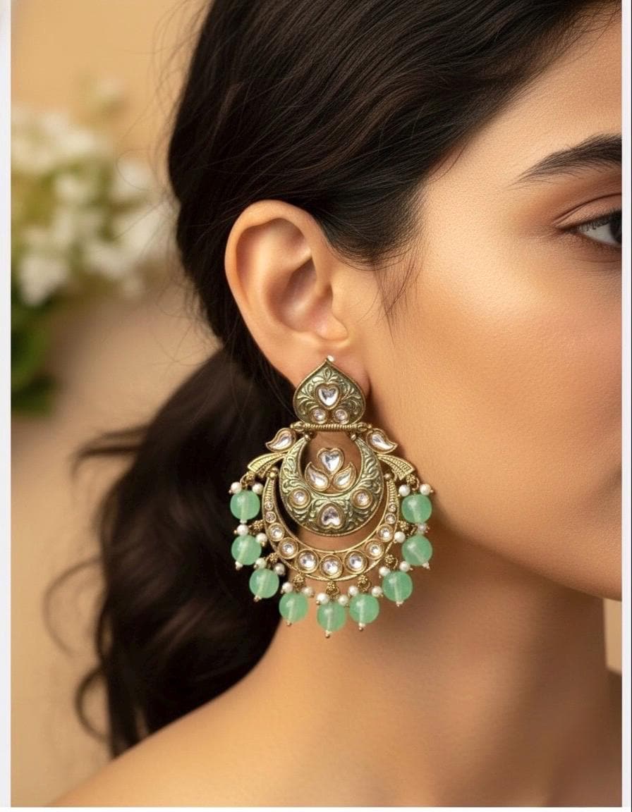 SABAA mint green kundan meenakari chandbali earrings /Bollywood earings / Pakistani punjabi Wedding /Navratri Indian Diwali costume jewelry