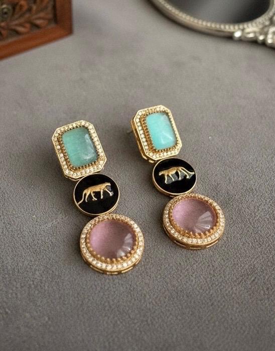 VIYA Sabyasachi inspired mint pink earrings, Indian fusion earrings in mint pink colour, indo western jewelry