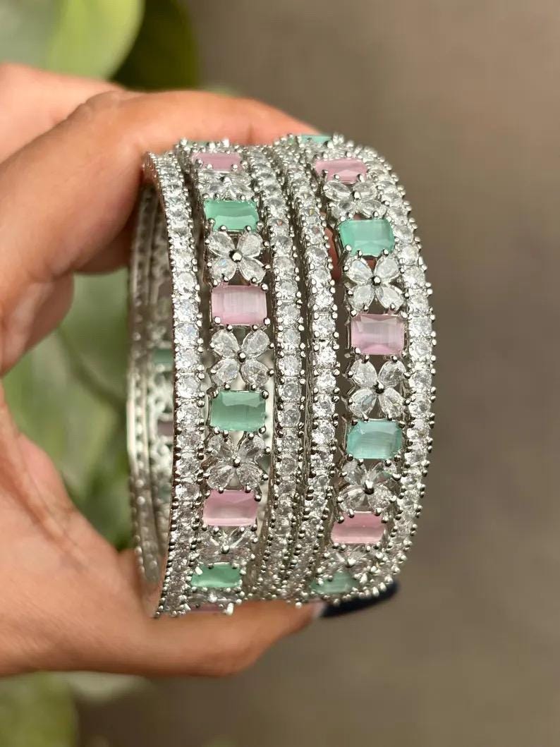 SIMI American diamond bangle set in mint pink stones, AD bangle set of 6 bangles ,cz zircon indian bangles,pakistani bangles,