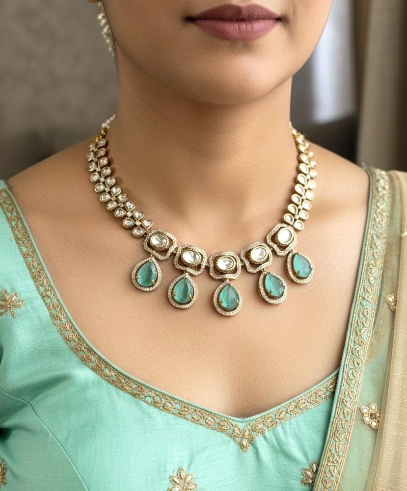 ZIBA High quality mint green diamond polki necklace set ,Indian Pakistani wedding jewelry