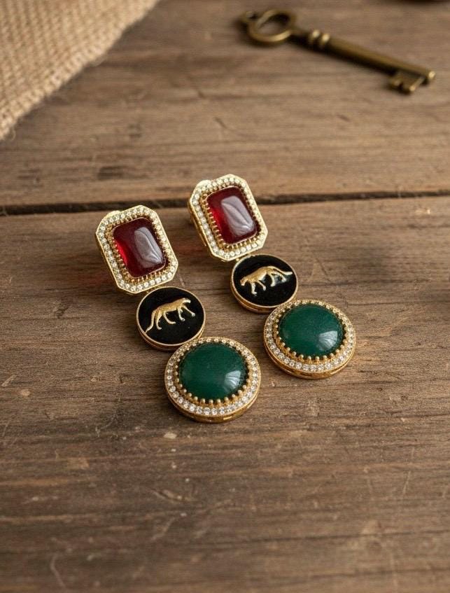VIYA Sabyasachi inspired red green earrings, Indian fusion earrings , indo western jewelry
