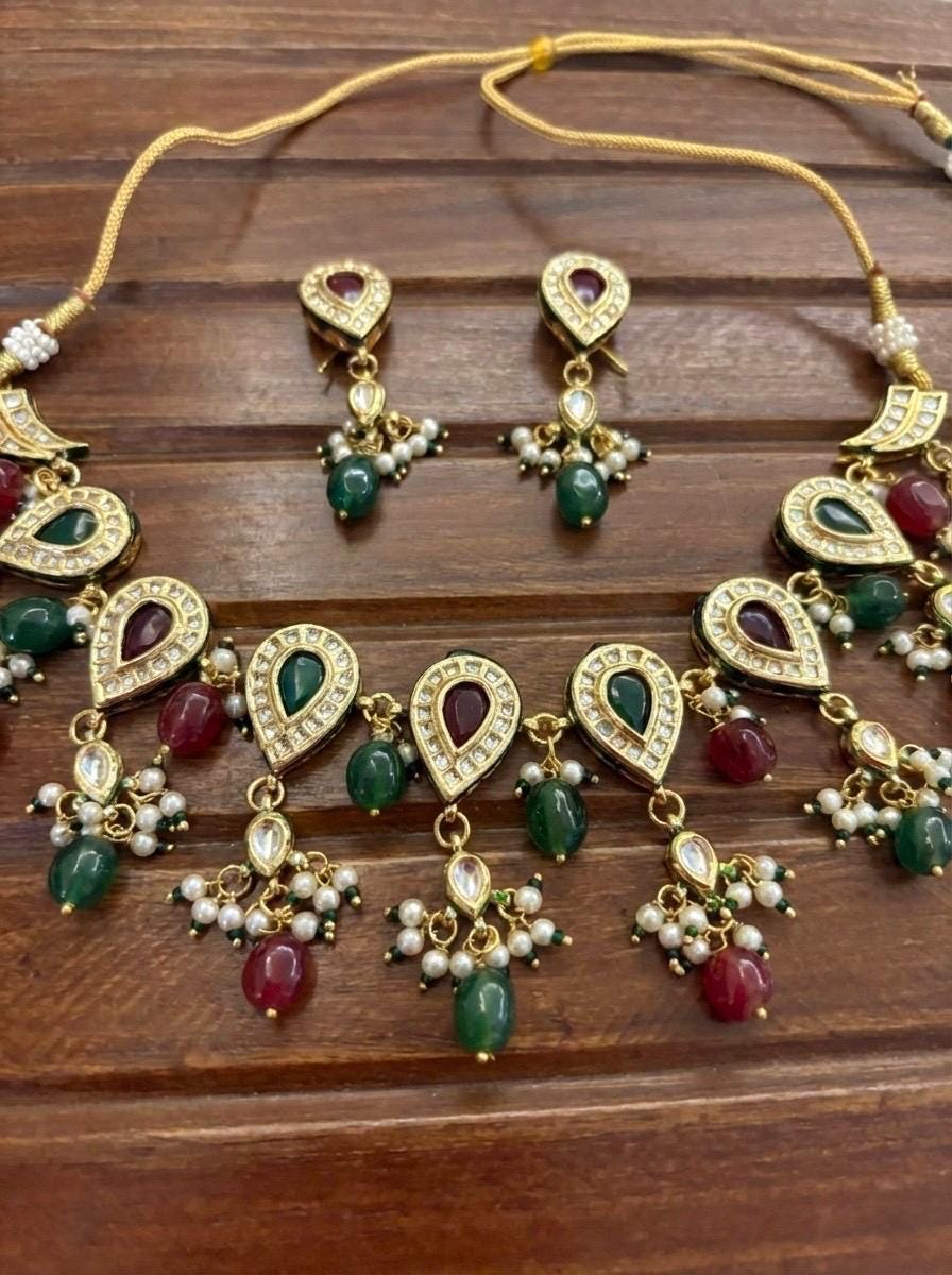 VEDIKA Sabyasachi inspired Ruby green Fusion Kundan necklace set, indian wedding Rajwada jewelry/ pakistani jewelry