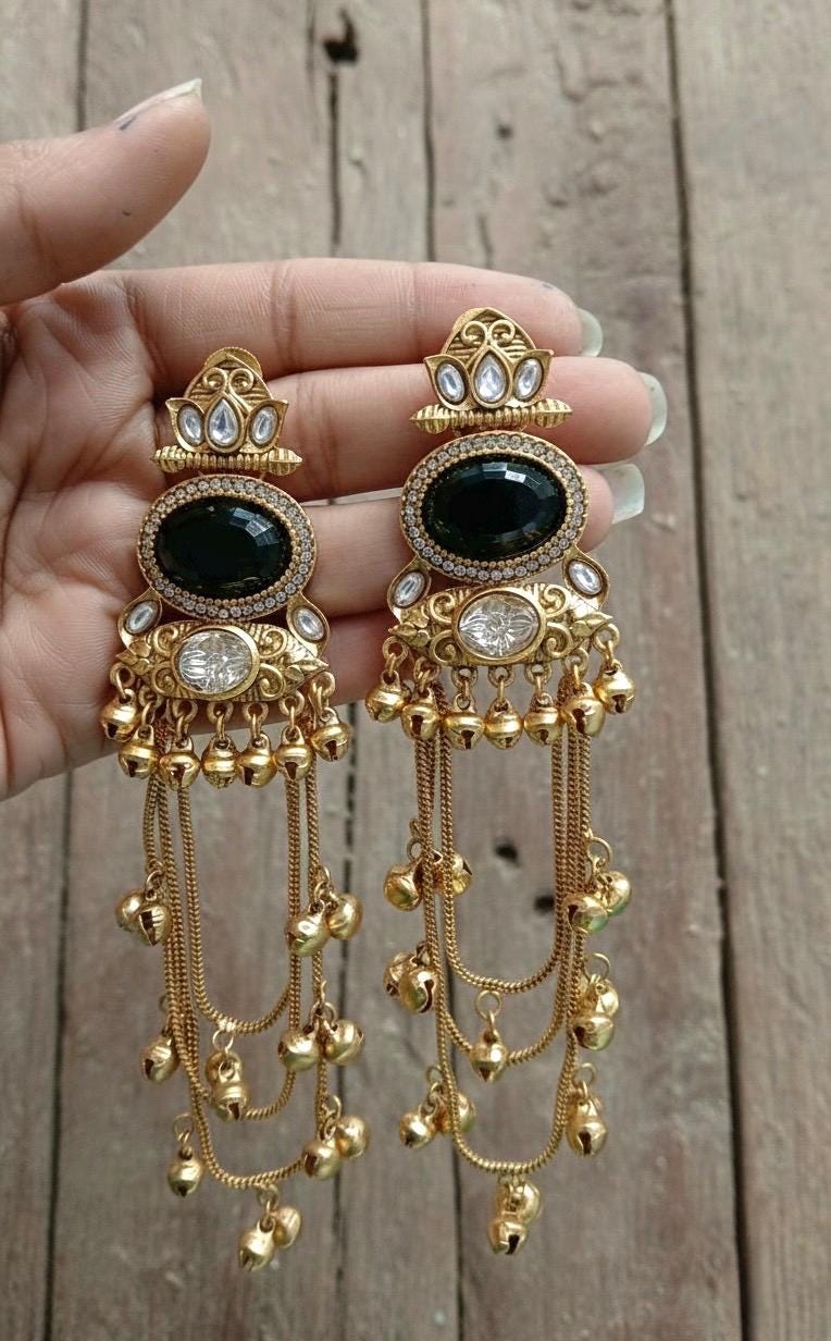 PRIA Green and golden Ghunghroo earrings, Kashmiri long statement earrings, Indian Pakistani ethnic tradition wedding jewelry