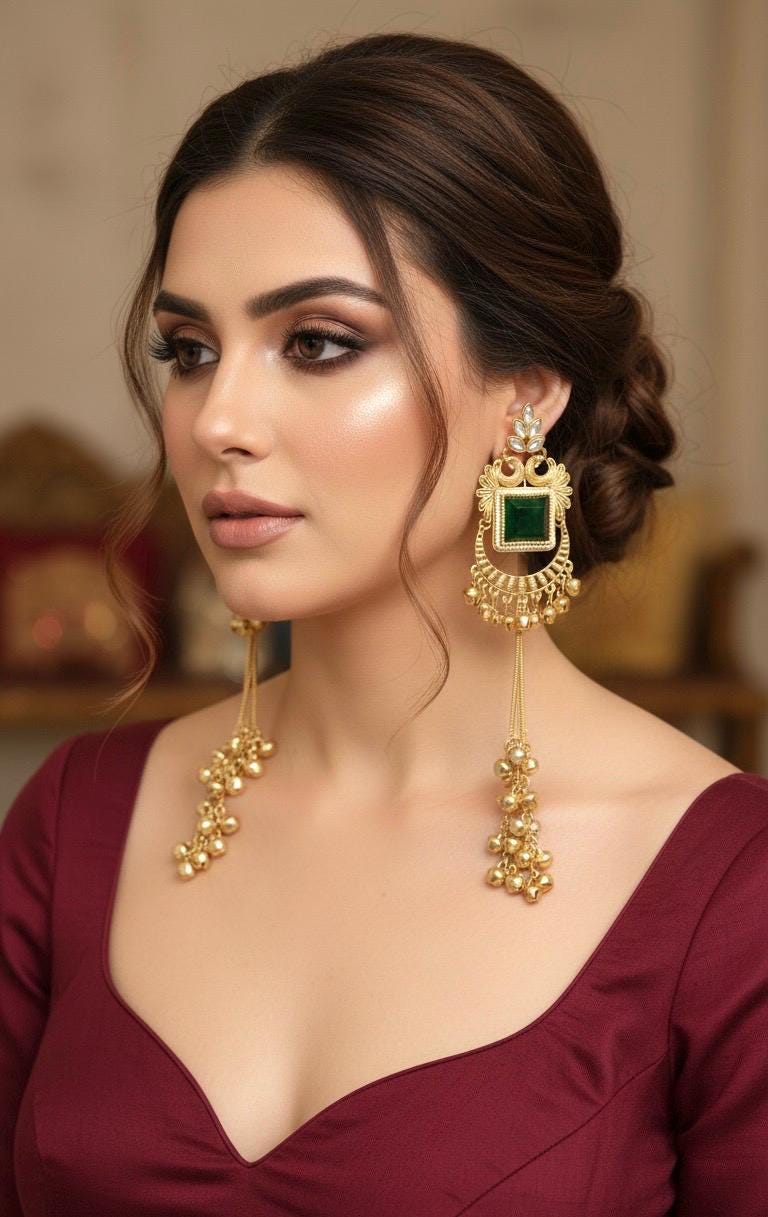 KIRAT Green and golden Ghunghroo earrings, Kashmiri long statement earrings, Indian Pakistani ethnic tradition wedding jewelry