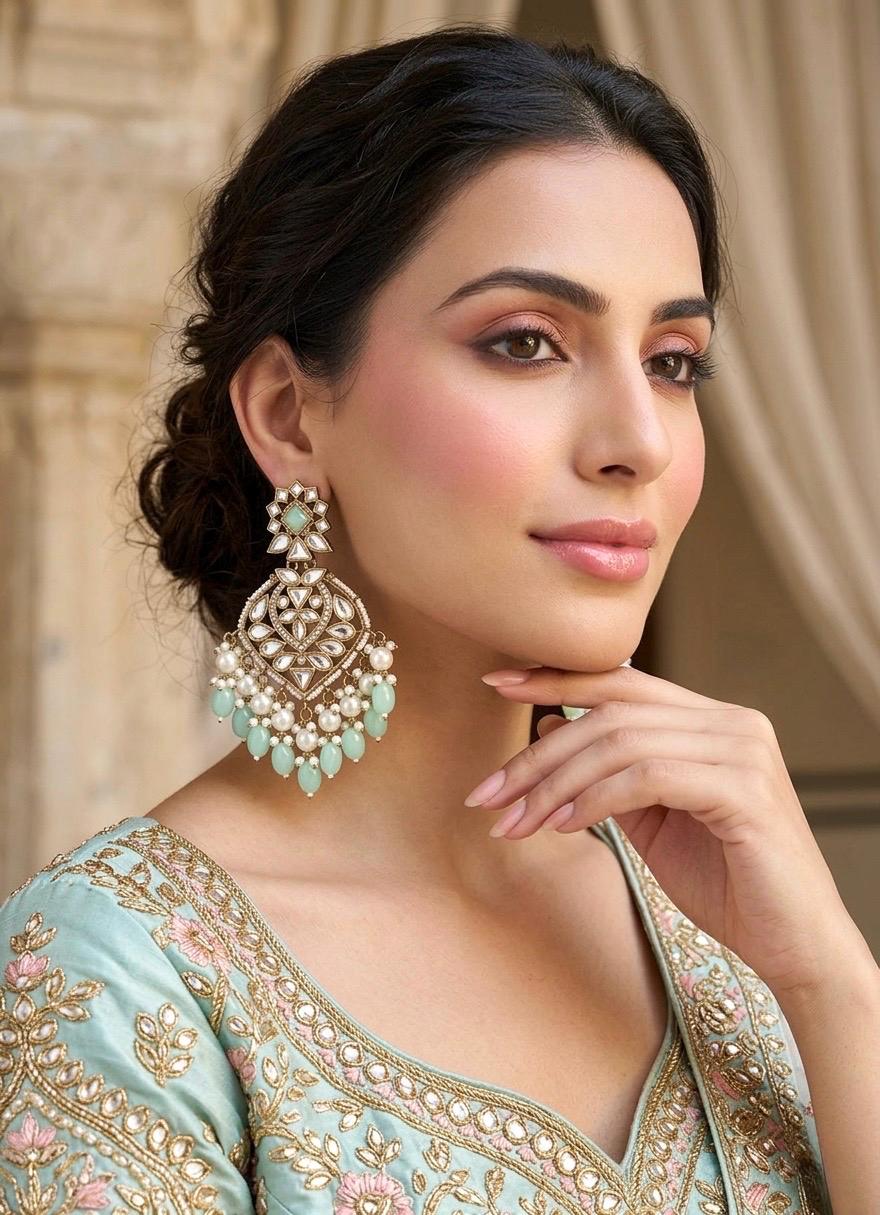 AASHVI Mint earrings / Bollywood kundan earrings /Pakistani Wedding bridal /Navratri function Indian Diwali jewelry/mint chandbali