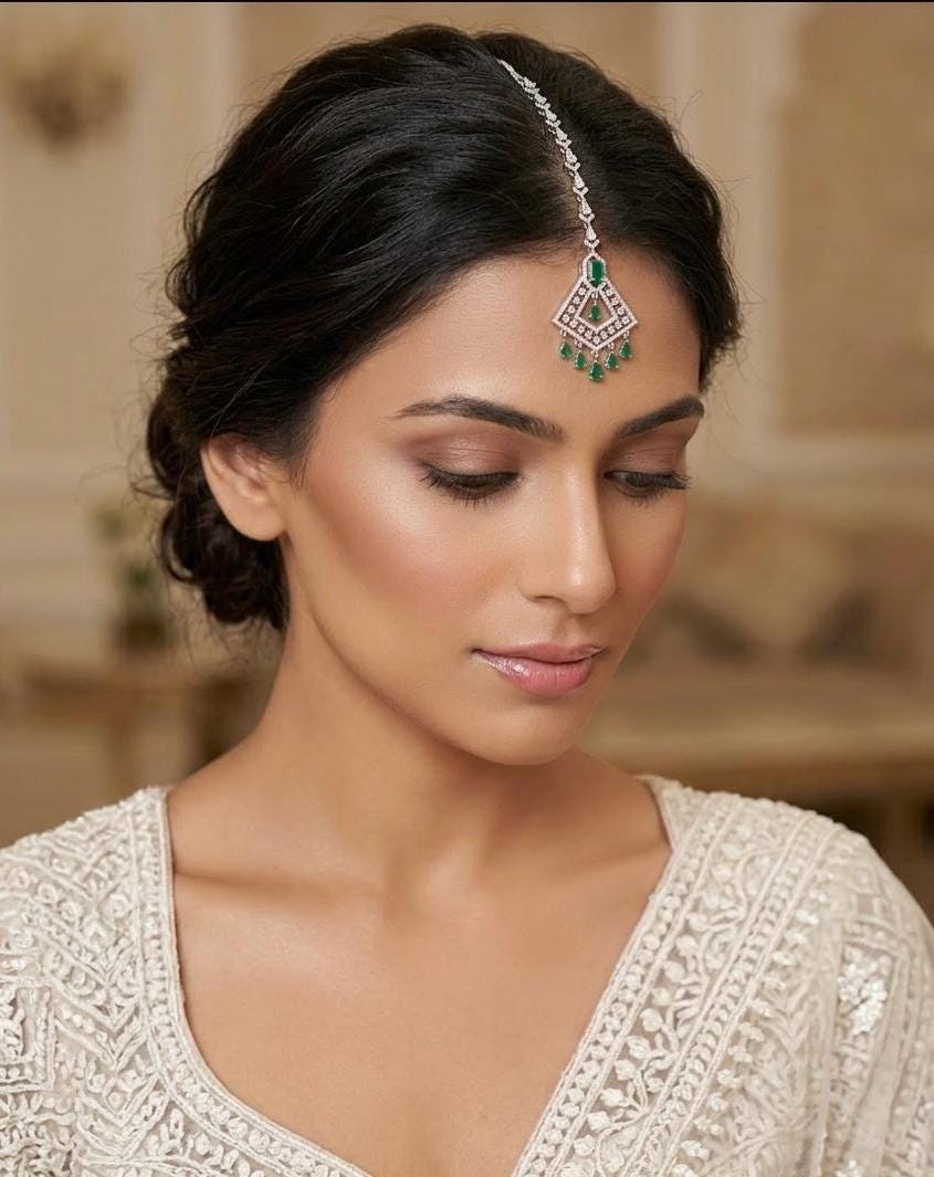 ISHA Diamond look silver finish green colour maangtika,Indian Pakistani Wedding jewelry, Bridal CZ green colour maangtikka