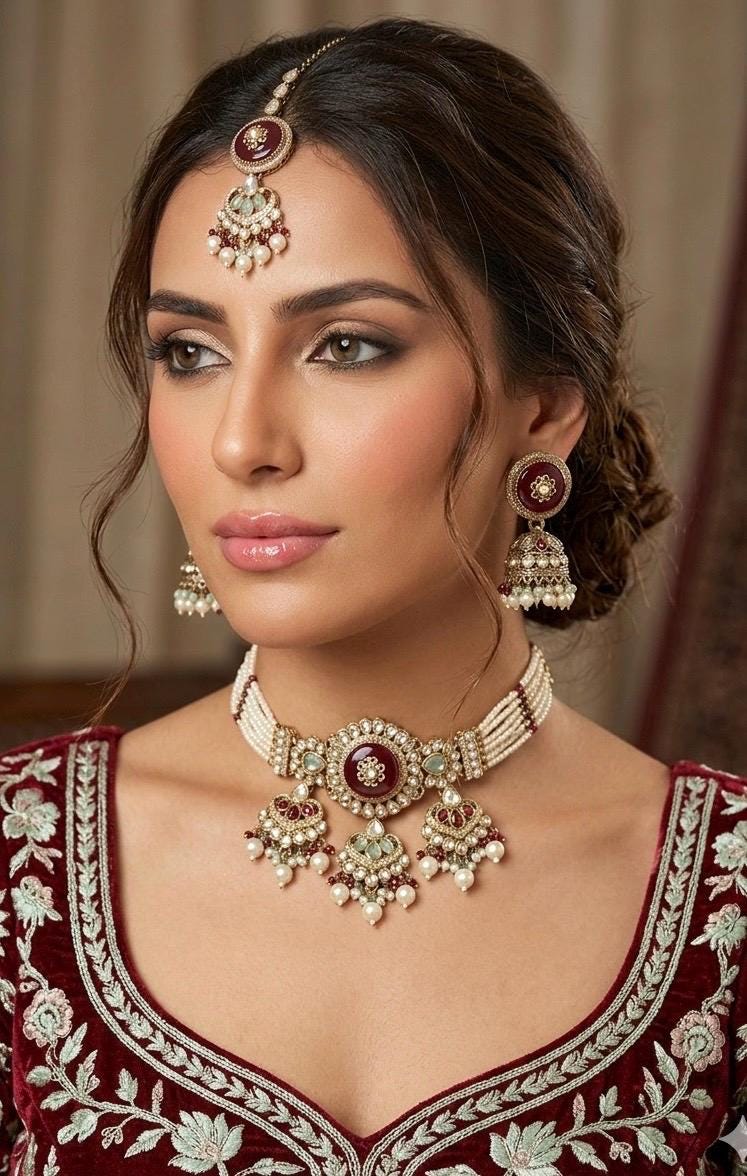 SHAISTA mint ruby kundan and moissanite replica necklace set with maangtika ,Indian Pakistani wedding jewelry in antique golden polish