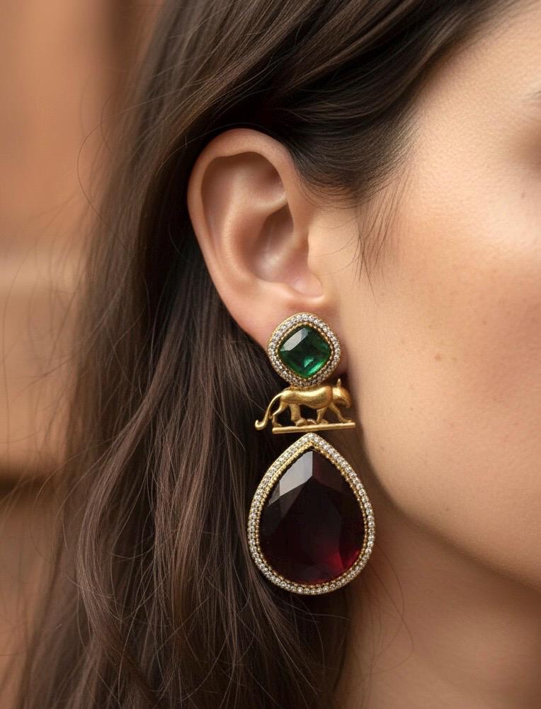 IZRA Sabyasachi inspired Ruby red and green earrings in antique gold finish , Indian fusion multicolour earrings