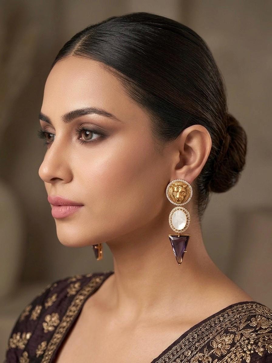 CLEO Sabyasachi inspired translucent purple earrings ,amethyst matt gold finish and mother of pearl stones,Indian fusion earrings,