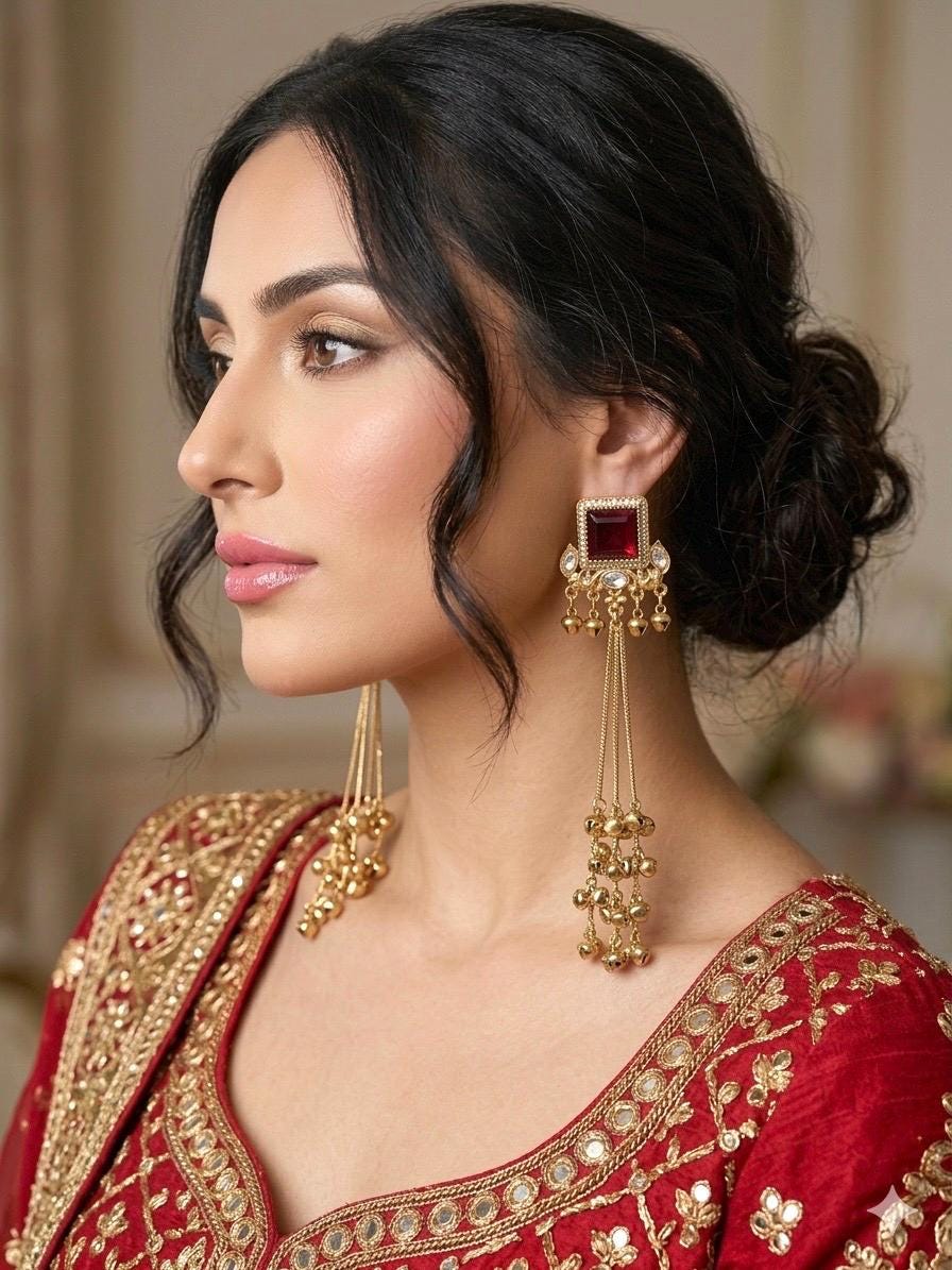 TIA Ruby red and golden Ghunghroo earrings, Kashmiri long statement earrings, Indian Pakistani ethnic tradition wedding jewelry