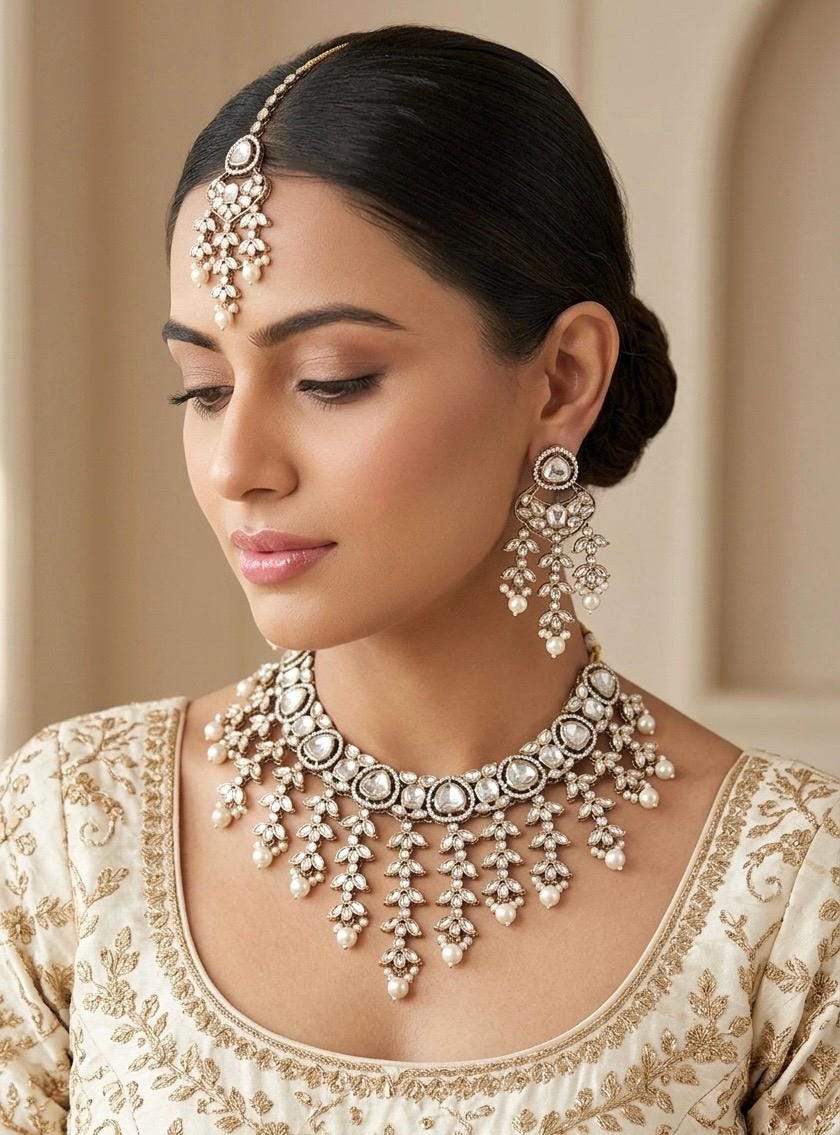 ZUBAIRA Ivory white kundan necklace set in Victorian style antique polish , Indian Pakistani wedding bridal jewellery, Maangtika included