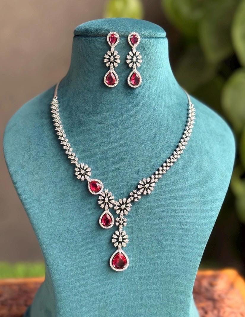 KYRA Red AD Necklace Set in Silver Tone