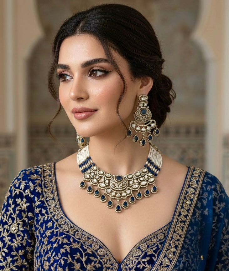 KASHMIRA Navy Blue Polki Kundan Necklace Set