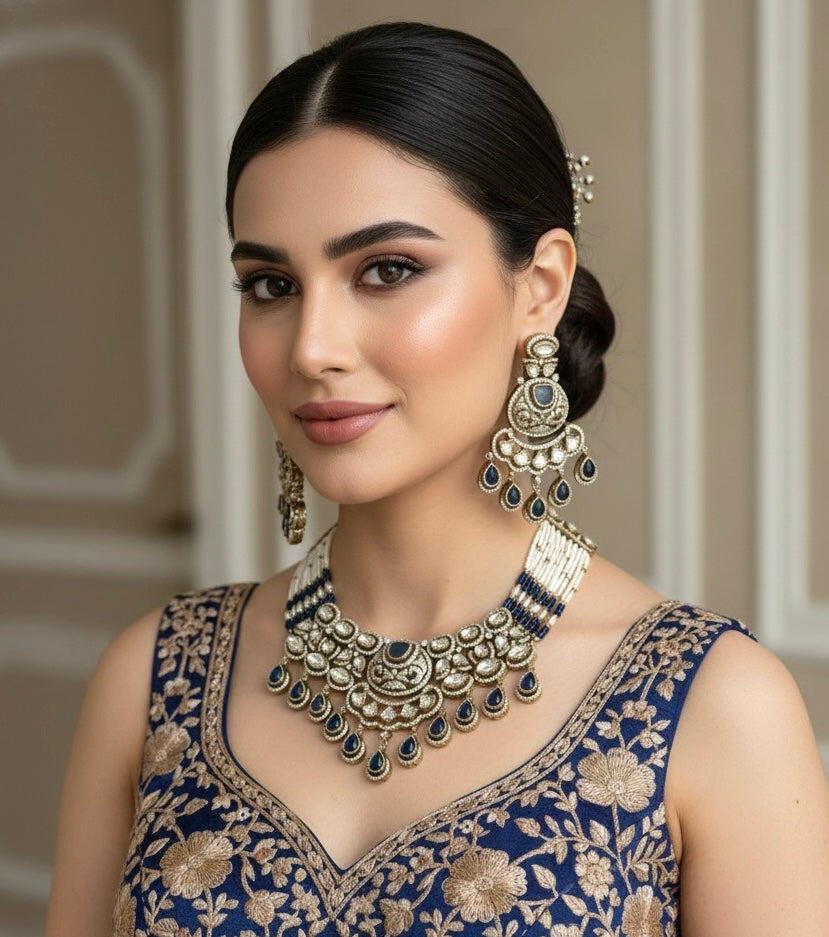KASHMIRA Navy Blue Polki Kundan Necklace Set