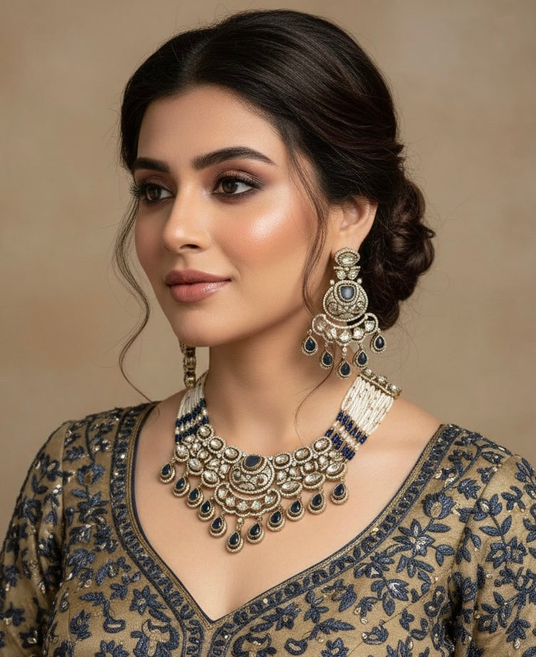 KASHMIRA Navy Blue Polki Kundan Necklace Set