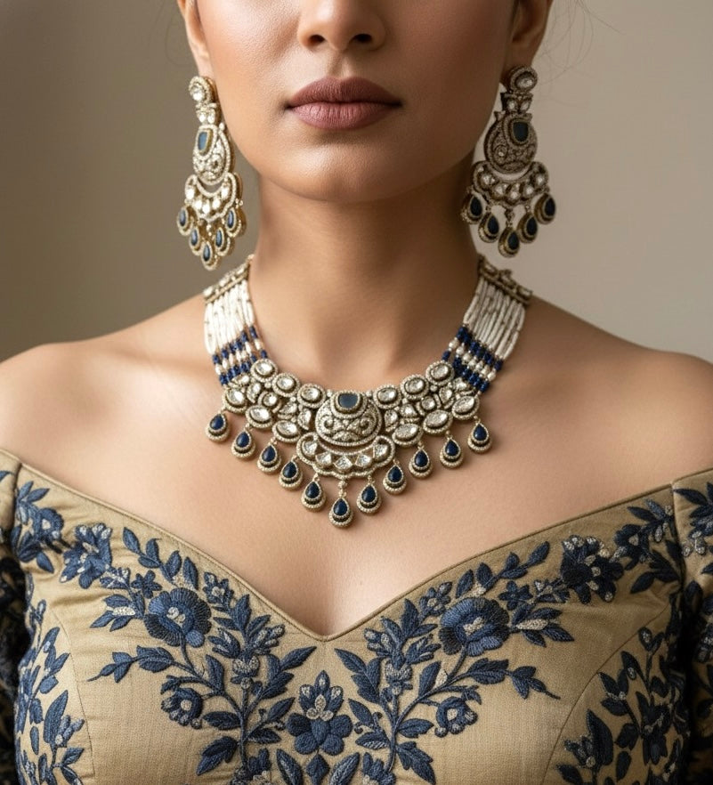 KASHMIRA Navy Blue Polki Kundan Necklace Set