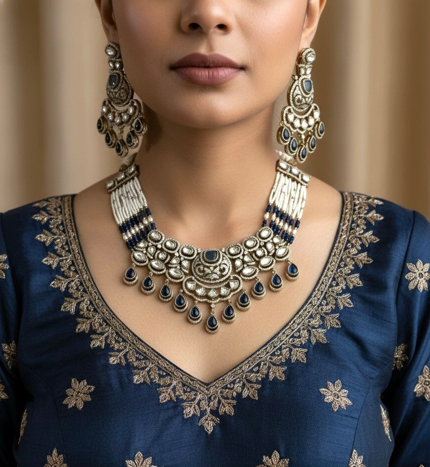 KASHMIRA Navy Blue Polki Kundan Necklace Set