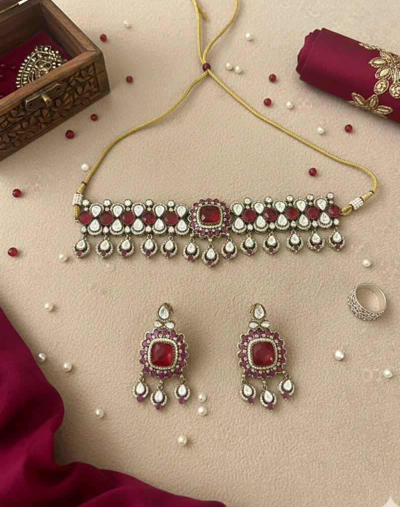 MANIKA Ruby Red Polki Choker Necklace Set