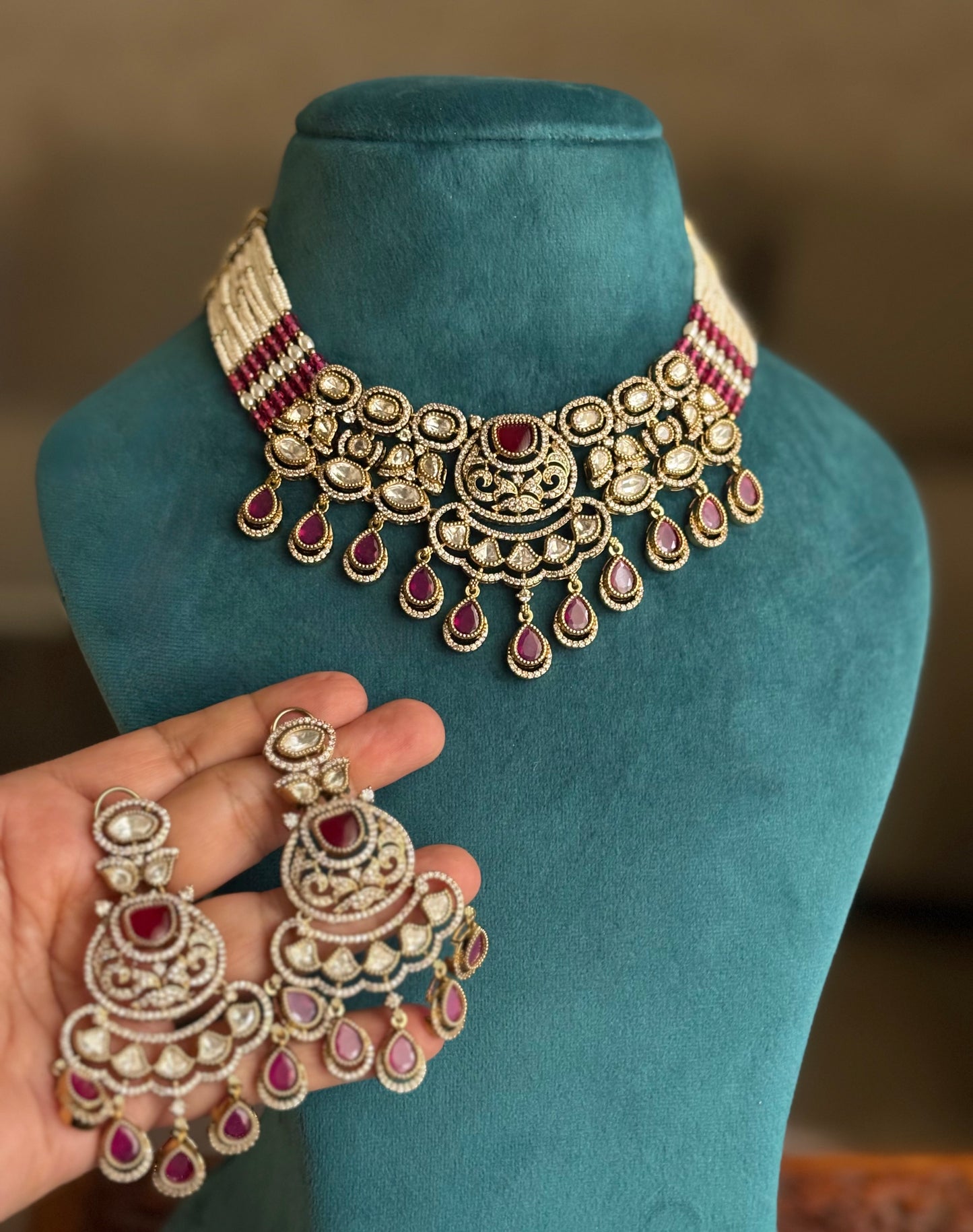 KASHMIRA Ruby Red Polki Kundan Necklace Set